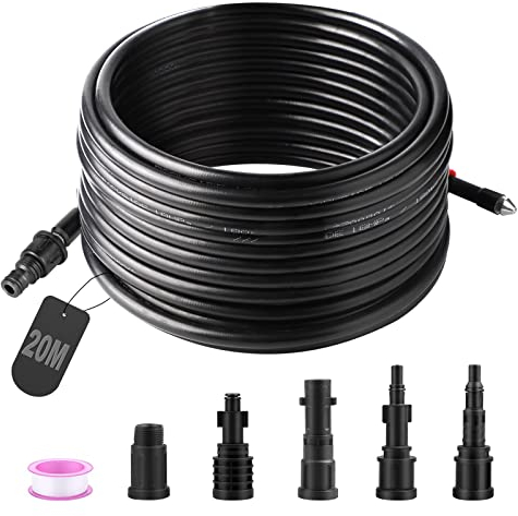 Tubi per Idropulitrici, SWAWIS 20M 180bar Sonda Sturatubi per Idropulitrice Tubo Idropulitrice con 5 Adattatori Compatibile con Bosch Kärcher K2-K7 Lavor Interpump Idropulitrici