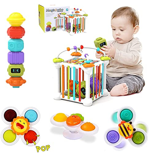 Morkka Montessori Spielzeug für Jungen Mädchen,Baby Sensory Bin Shape Sorter Toys Bunter Würfel,mit 3 Saugnapf-Kreiselspielzeug und Perlenlabyrinth,Lernspielzeug für Kleinkinder im Alter von1-3(12pcs)