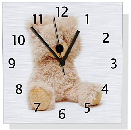Wallario Design Wanduhr Süßer Teddybär aus Aluverbund, Alu-Uhr Größe 30 x 30 cm, Schwarze Zeiger mit Metalloptik