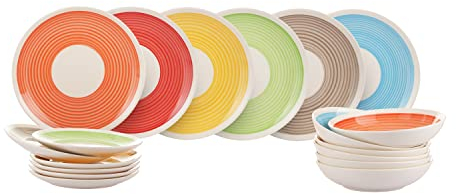 KASANOVA Tafelset Ring Multicolor, 18 Stück, bunt, aus Steinwerk, bestehend aus 6 flachen Tellern, 6 Suppentellern, 6 Süßteller, Vielfarbig