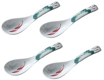 Set di 4 cucchiai da zuppa in ceramica, in stile cinese, in porcellana, per riso, stoviglie asiatiche (verde scuro)