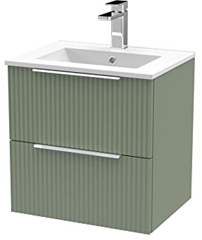 Hudson Reed DFF892B Fluted Modern Bathroom Wall Hung 2 Drawer Vanity Basin Unit with Minimalist Ceramic Basin, 500mm, Satin Green