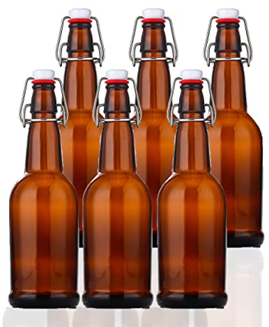 SureSave Beer Bottles with Easy Flip Top | 16 Oz Amber Glass Bottle Set with Airtight Cap for Kombucha, Carbonated Drinks, Brewing, and Fermenting (6 Pack)