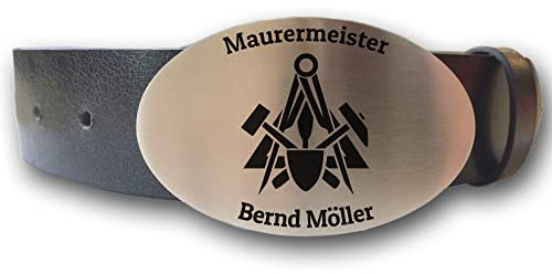 elbedruck Ledergürtel mit ovaler Gürtelschnalle Zunftzeichen Maurer und Wunschgravur personalisiert Dein Text Name Gürtel Geschenk Meurer Betonbauer (XL (Länge 130 cm))