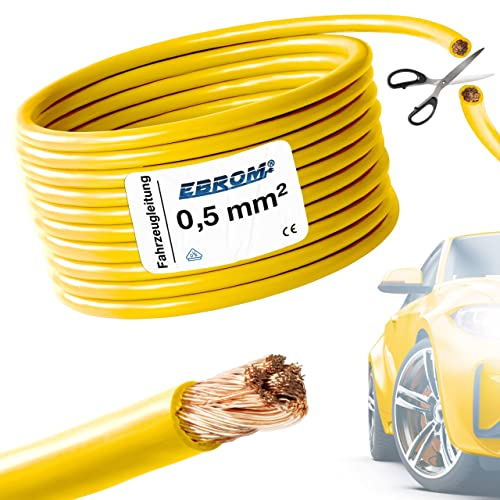 EBROM FLRY Fahrzeugleitung - KFZ Leitung – FARBE: gelb – Querschnitt 0,5 mm² - Meterware – flexibel 90 ± 5 Shore - 99,99% Kupfer, Mantel Spezial PVC FLRy - Fahrzeugkabel Kabel Litze 0,5mm2