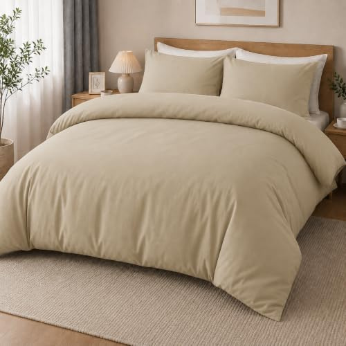 MOONLIGHT20015 Double Duvet Set Brushed Microfibre Beige Bedding Sets | Quilt Cover with 2 Pillow Cases, Solid Soft Bed Set Premium Comfort and Breathable, Machine Washable – Home and Hotel Quality