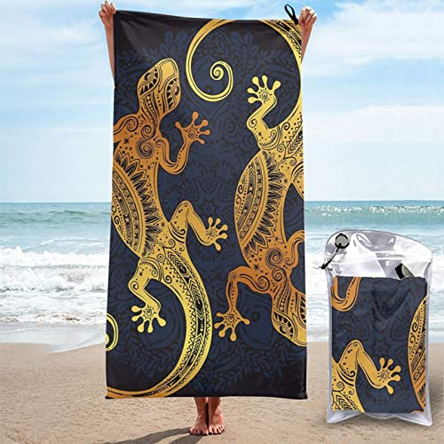 FJAUOQ Schnell trocknendes Handtuch Gecko Eidechsen Strandtuch Mikrofaser sandfrei Reisehandtücher mit Tasche für Damen Herren Leicht Pool Schwimmen Fitnessstudio Reisegeschenk