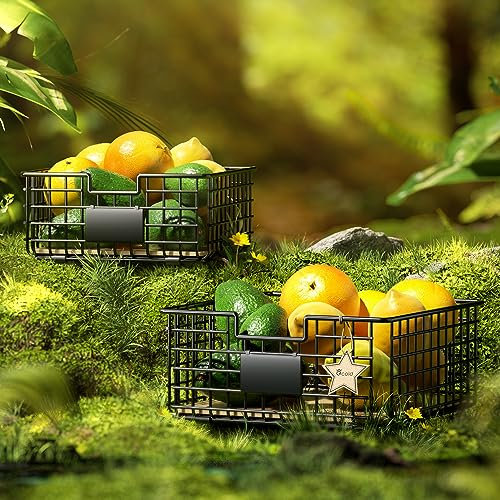 Qcold Black Metal Wire Basket with Removable Cork Liner, Large Wire Basket, Square Shelf Basket for Kitchen Pantry Laundry Storage, FarmHouse Decor Fruit Food Basket, Set of 2