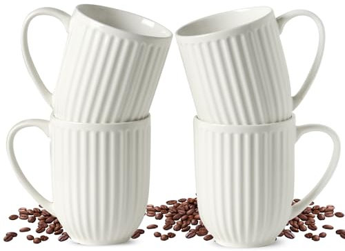 Hasense Ceramic Coffee Mugs Set of 4, 16 Oz Large Ribbed Coffee Cups with Big Handle, Unique Modern Style White Latte Mugs for Tea,Cocoa,Milk,Cappuccino, Microwave & Dishwasher Safe