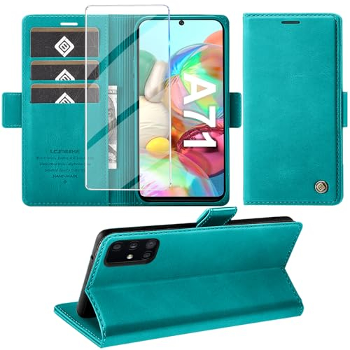 Giyer Handyhülle für Samsung Galaxy A71 Hülle mit Displayschutzfolie, Schutzhülle Galaxy A71 Universal-4G/5G PU Leder Wallet Flip Case Standfunktion Kartenfach Klapphülle für Samsung A71 Cover (Cyan)