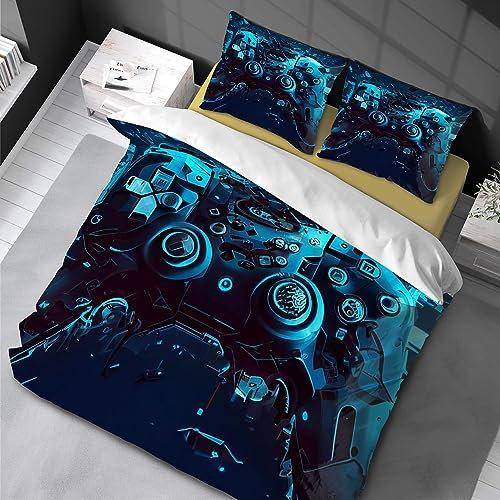 Chenbing Art Housses de Couettes 90x190 cm Gamer 3D Game Console Gamepad Set Impression de Manette de Jeu Moderne Enfants Parure de Lit pour Garçon et Adolescent Jeu Vidéo Housse de Couette 50x75 cm