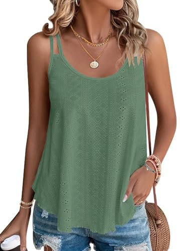 WNEEDU Camisetas sin Mangas de Verano para Mujer Chalecos sin Mangas para Mujer Top sin Mangas Loost Fit Camisas Casuales Chaleco Bordado con Ojales Blusas Cami Camisola Verde Oscuro M