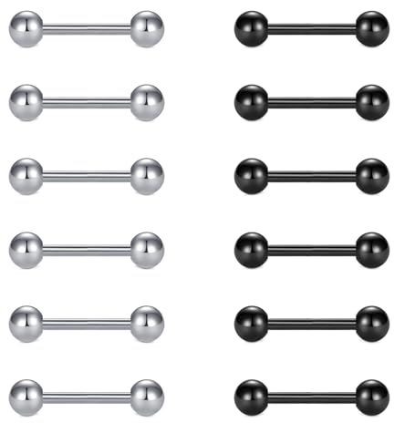 FECTAS 12mm Zungen- & Brustwarzenstangen, 16-stk Set, Silber & Schwarz, Edelstahl, 14G, Klassisch, Unisex, Kugel, Body Jewelry Grade, 316L, Piercing Schmuck