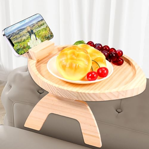 Ghopy Wooden Sofa Armrest Tray with 360° Rotating Phone Holder, Rectangular, Natural Wood, Solid, Rustic, 30 x 25 x 4.9 inches, for Food, Beverages, Household Items