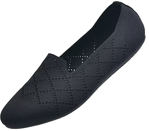 Puxowe Damen Ballerina Flache Schuhe Runde Zehe Strick Kleid Schuhe Niedriger Keil Slip On Ballerina Walking Flats für Frauen Bequem 39.5 EU Black