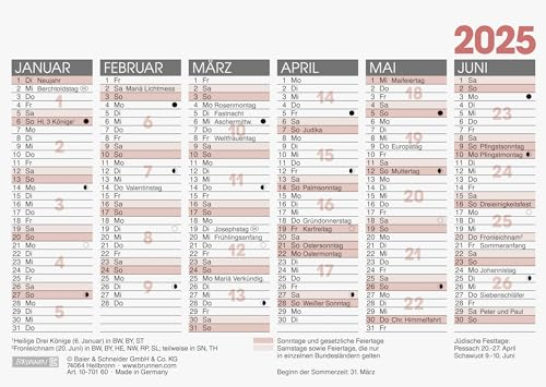 BRUNNEN Tafelkalender (2025), 1 Seite = 6 Monate, A6 quer