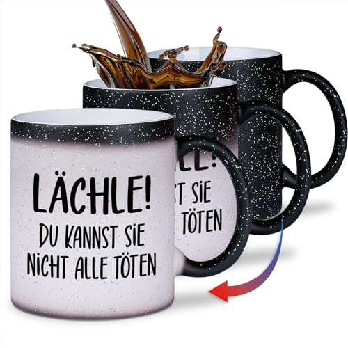 glitzertassen.de® | Lächle! Du kannst sie nicht alle töten | Farbwechseltasse mit Glitzer | Geschenkidee | Lustige Sprüche | Magic-Tasse | Keramik | 330 ml