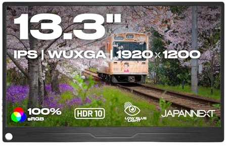 JapanNext Tragbarer Monitor 13.3 IPS WUXGA (1920x1200) | HDR | Integrierte Lautsprecher HDMI DisplayPort USB-C Klinkenanschluss(x1) | G-Sync/FreeSync |JN-MD-IPS133WUXGAR