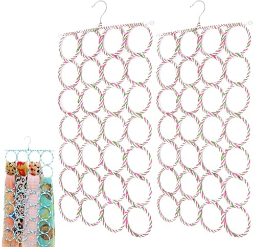 DBAILY Scarf Hanger 2PCS Multiple Purpose Scarves Hanger Clutter 28 Ring Scarf Ties Belts Organizer Shawl Storage Hanging Scarf Hijab Tie Organiser Foldable Scarfs Hanger for Home Bedroom Living Room