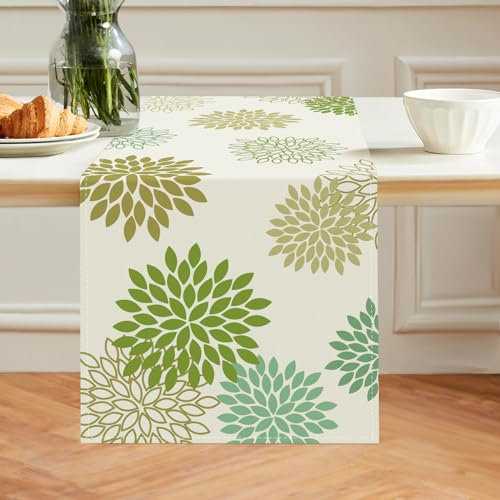 Bonhause Tischläufer Gelbe Grün Geometrische Tischläufer Dahlia Pinnata Blumen Küche Esstisch Dekoration für Drinnen Draußen Urlaub Party Waschbar Wohnkultur Tafeltuch (33 x 183 cm)