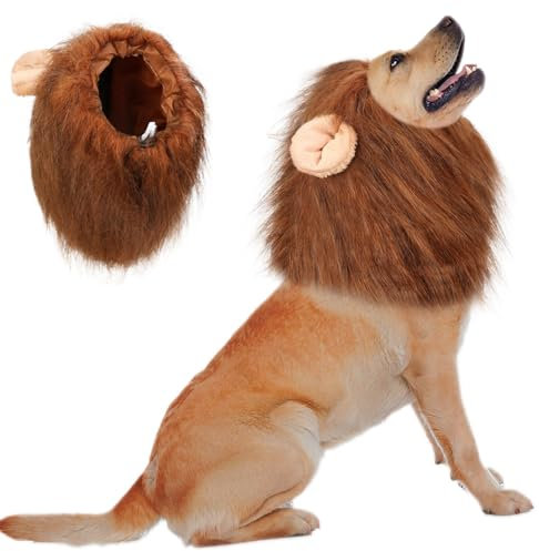 Vivifying Hundekostüm Löwenmähne Hund, Verstellbar Hunde Halloween Kostüm Perücke mit Ohren für Mittlere und Große Hunde (Dunkel Braun)