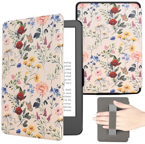 KEROM Case for 6.8 Kindle Paperwhite (11th Generation, 2021) and Kindle Paperwhite Signature Edition, PU Leather Protective Cover Case with Hand Strap, Card Slot, Auto Sleep/Wake - Colorful Blossoms