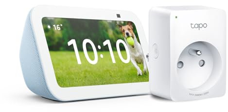 Echo Show 5 (3e génération) | Bleu-gris + Tapo Matter Prise Connectée, Fonctionne avec Alexa - Kit de démarrage Maison connectée