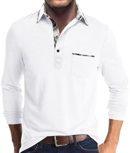 Comilaka Men's Polo Long Sleeve Casual Contrasting Color Polo Shirts with Pocket M-4XL White