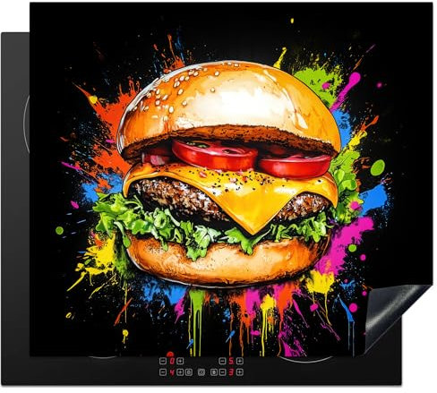 KitchenYeah© Protection Pour Plaque Induction 58x51 cm Plaque de Deco Cuisine Protégé Cache De Cuisson Vitroceramique Hamburger - Graffiti - Peinture - Coloré - Alimentaire - Abstrait