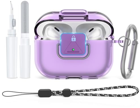 Secure Lock for AirPods Pro 2 Clear Case Shockproof Protective TPU Cover Compatible with Apple Airpods Pro 2nd/1st Generation with Keychain/Lanyard/Cleaner Kit (Clear Purple)
