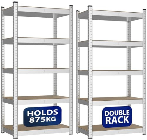ZENO 5-Tier Garage Shelving Units | Set of 2 Shelving Units | Heavy Duty Garage Shelving | Shelving Unit For Storage | Metal Storage Shelves | Easy To Assemble | 875KG Load Capacity (Silver, Regular)