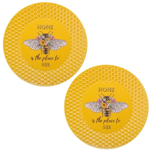 Prefdo 2 PCS Tea & Coffee Saucers, Honey Bee Pattern Ceramic Tea Plates Round Cup Saucers Small Dessert Plates for Home Kitchen Office Coffee Shop Tea Party, Yellow