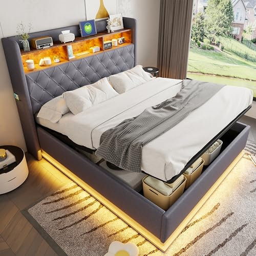 Merax Polsterbett 160x200cm, Multifunktionales Bett mit LED-Licht und USB Ladeanschluss, für Jugend, Erwachsene, Leinenstoff, Grau (Ohne Matratze)