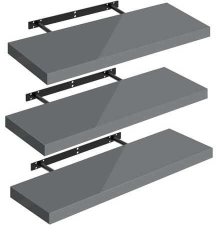 WOLTU Wandregal Set von 3 Regalen Wandboard Freischwebend Schweberegal CD DVD Regal Bücherregal Holz Board 70x22,9x3,8cm Hochglänzend Grau RG9479gr-3