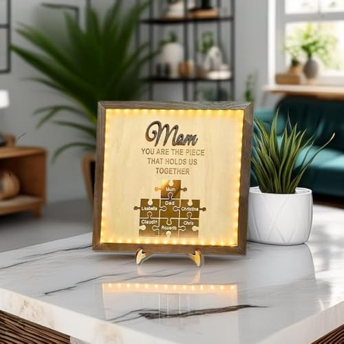 Personalisiertes Muttertags-Puzzle-Schild mit LED, individuelles Familienpuzzle mit Namen für Vater, Opa, Sie sind das Stück, das uns zusammenhält, Plaketten zum Vatertag (20 x 20 cm)