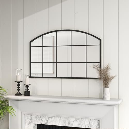 Warmiehomy Large Decorative Wall Mirror Arched Window Garden Outdoor Mirror with Metal Frame for Courtyard,Living Room,Hallway (Black, 110x70x2cm)