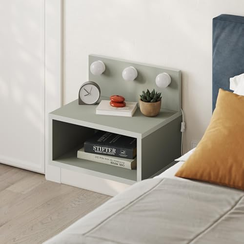 HOCUS PICUS Treo Wall Mounted Nightstand, One Open Compartment, Ash Green | Floating Bedside Shelf with 3 Built-in Lamp Sockets, Wall Nightstand, Easy Mount, 5 3 kg, 40x39x30cm