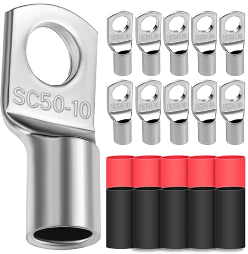 10x Cable Lugs 50mm² M10 Thickened Copper | Uninsulated SC Crimp Lugs Battery Cable Ends Lugs Battery Terminals with 10Pcs Heat-shrink Tubing 3: 1