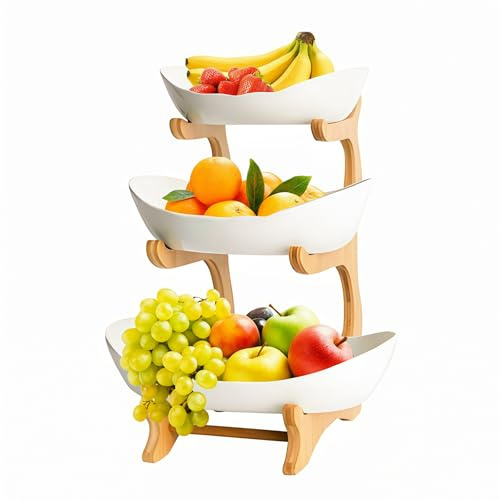 ANEELV Obst-Etagere 3-stöckig mit Bambusständer und 3 weißen Obstschalen | Platzsparende Etagere für Obst, Gemüse und Snacks – abnehmbare Schalen und stabiler Bambusständer für Küche und Buffet.
