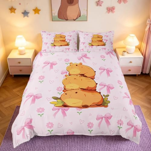 Homemissing Rosa Schleifen Blumen Capybara Bettwäsche 135x200cm kombiniertes Motiv für Mädchenzimmer,Bettbezug romantische Optik, Kinder mit 1 Kissenbezug