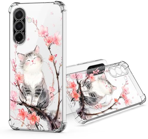JRIANY für Samsung Galaxy A57 5G Durchsichtig Hülle, Transparent Weich Dünn TPU Silikon Handyhülle mit Bunt Blumen Muster Motiv Stoßfest Kratzfest Schutzhülle Slim Clear Klar Case Cover - Katze