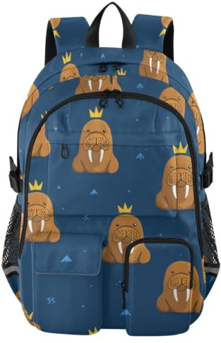 Reiserucksäcke mit lustiger Walrosskrone, dunkelblau, Schultasche für Teenager, Mädchen | 44,5 cm, Computer-Rucksack, Gepäckrucksack, Mochilas Grandes, Größe 7–18