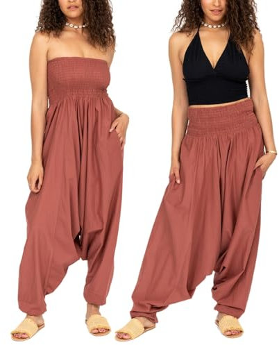 likemary Jumpsuit Damen Sommer – 2-in-1 Baumwoll Jumpsuit wird zur Haremshose – Lang geschnitten mit Taschen – Boho Pumphose Overall Einteiler für Urlaub & Alltag - Altrosa