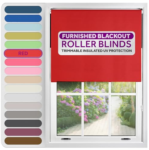 FURNISHED Roller Blinds Window Blackout, Red, 180cm Wide x 210cm Long | Thermal 100% blackout trimmable insulated UV protection child safe easy fit home office window blinds