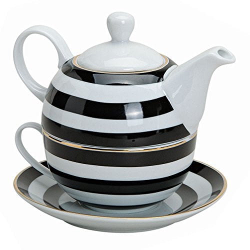 Tea for One Tee Set 3-teilig Porzellan Teekanne Teetasse und Untertasse schwarz weiß Streifen