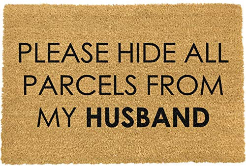 Artsy Doormats Please Hide All Parcels From My Husband Door Mat Natural Coir Entrance Rug Shoes - Non-Slip Backing - 60 x 40cm