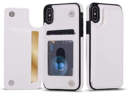 UEEBAI Case for iPhone X XS, Luxury PU Leather Case with [Two Magnetic Clasp] [Card Slots] Stand Function Durable Soft TPU Case Back Wallet Flip Cover for iPhone X/XS - White