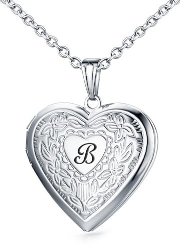 MUERDOU Locket Necklace That Holds Pictures Initial Alphabet Letter Heart Shaped Photo Memory Locket Pendant Necklaces B