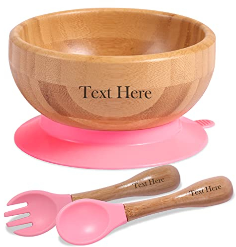 OXYEFEI Ensemble Bol pour Bébé Personnalisé, Bol Ventouse pour Bébé et Cuillère avec Nom Gravé, Coffret Repas Assiette en Bambou Naturel (Service de Gravure Gratuit) (cadeau noel)