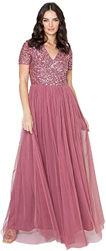 Maya Deluxe Damen Women's V Neckline Embellished Neck Maxi Dress Short Sleeve Empire Waist Prom Graduation Bridesmaid Wedding Guest Brautjungfernkleid, Desert Rose, 44 EU